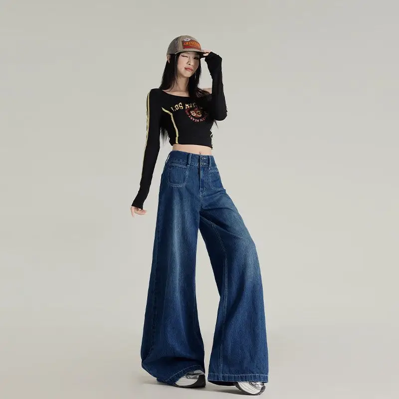 Slimming Jeans Dark Blue Wide Leg Pants Stretch Women 2025