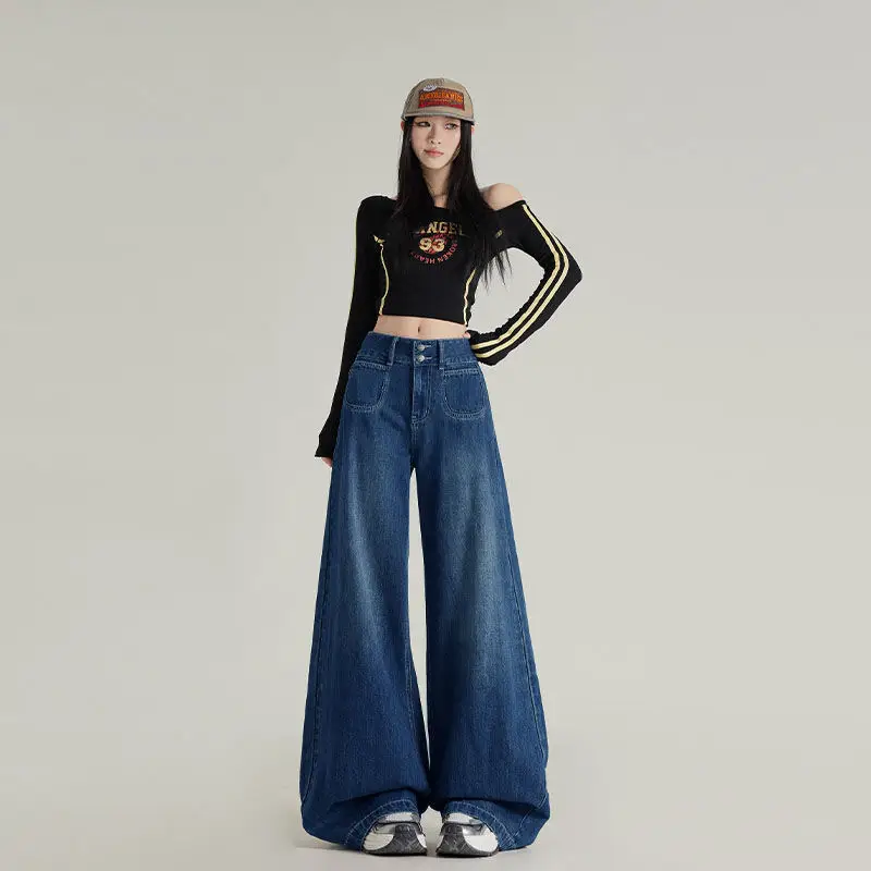 Slimming Jeans Dark Blue Wide Leg Pants Stretch Women 2025