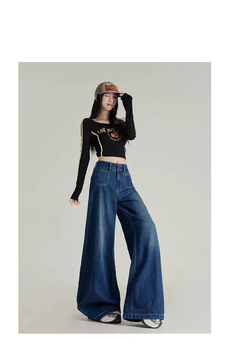 Slimming Jeans Dark Blue Wide Leg Pants Stretch Women 2025 — feature 9