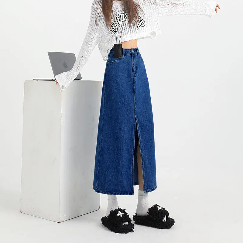 2025 Dark Blue Loose A-Line High Waist Denim Skirt