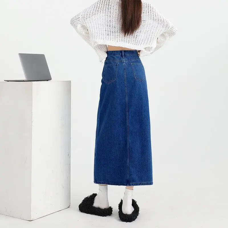 2025 Dark Blue Loose A-Line High Waist Denim Skirt
