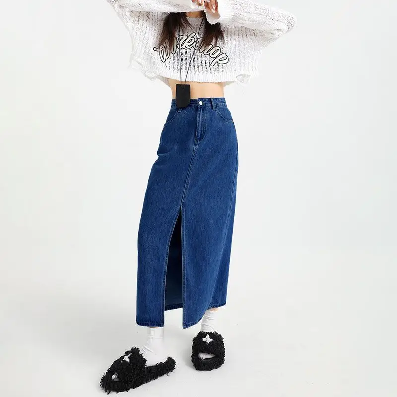 2025 Dark Blue Loose A-Line High Waist Denim Skirt