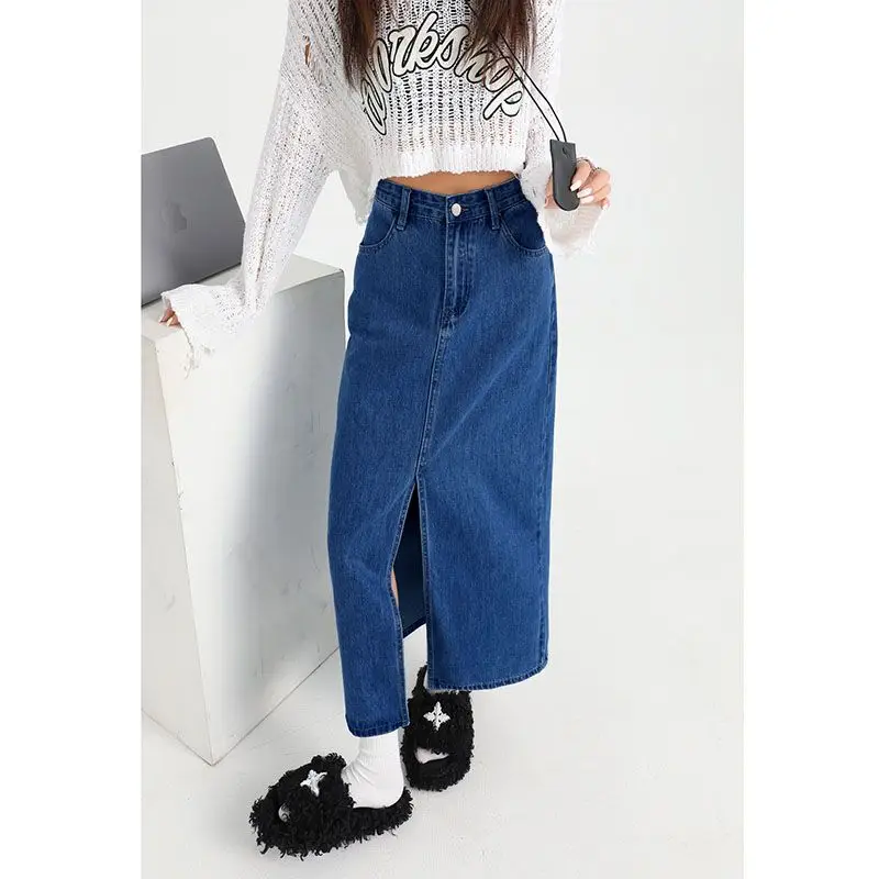 2025 Dark Blue Loose A-Line High Waist Denim Skirt