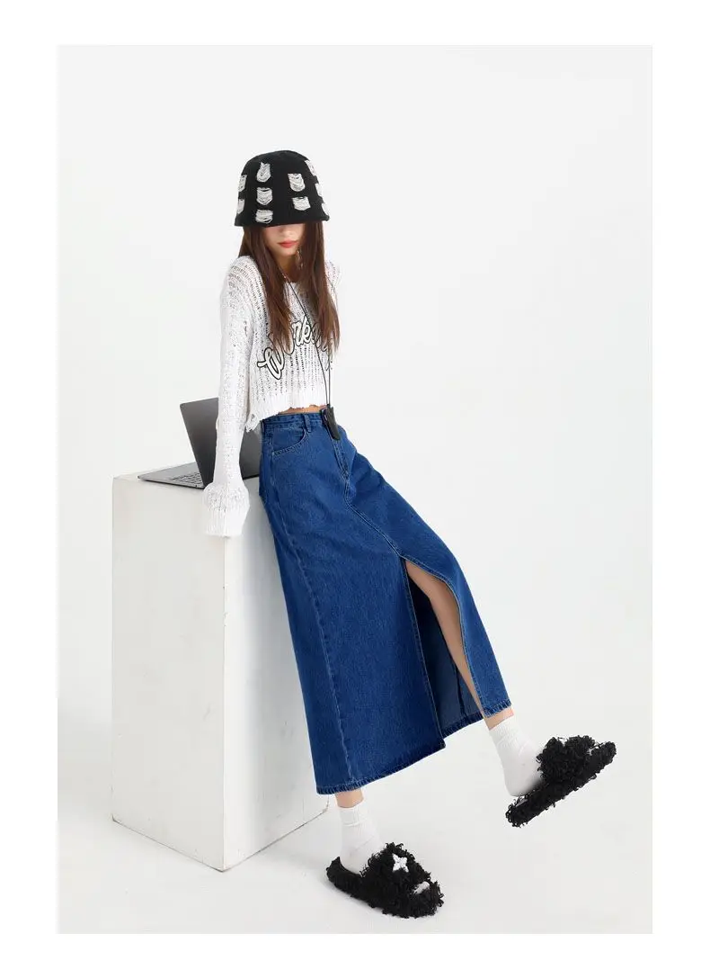 2025 Dark Blue Loose A-Line High Waist Denim Skirt — feature 3