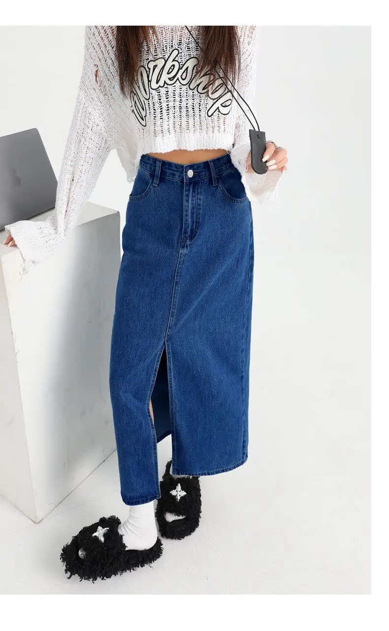 2025 Dark Blue Loose A-Line High Waist Denim Skirt — feature 5