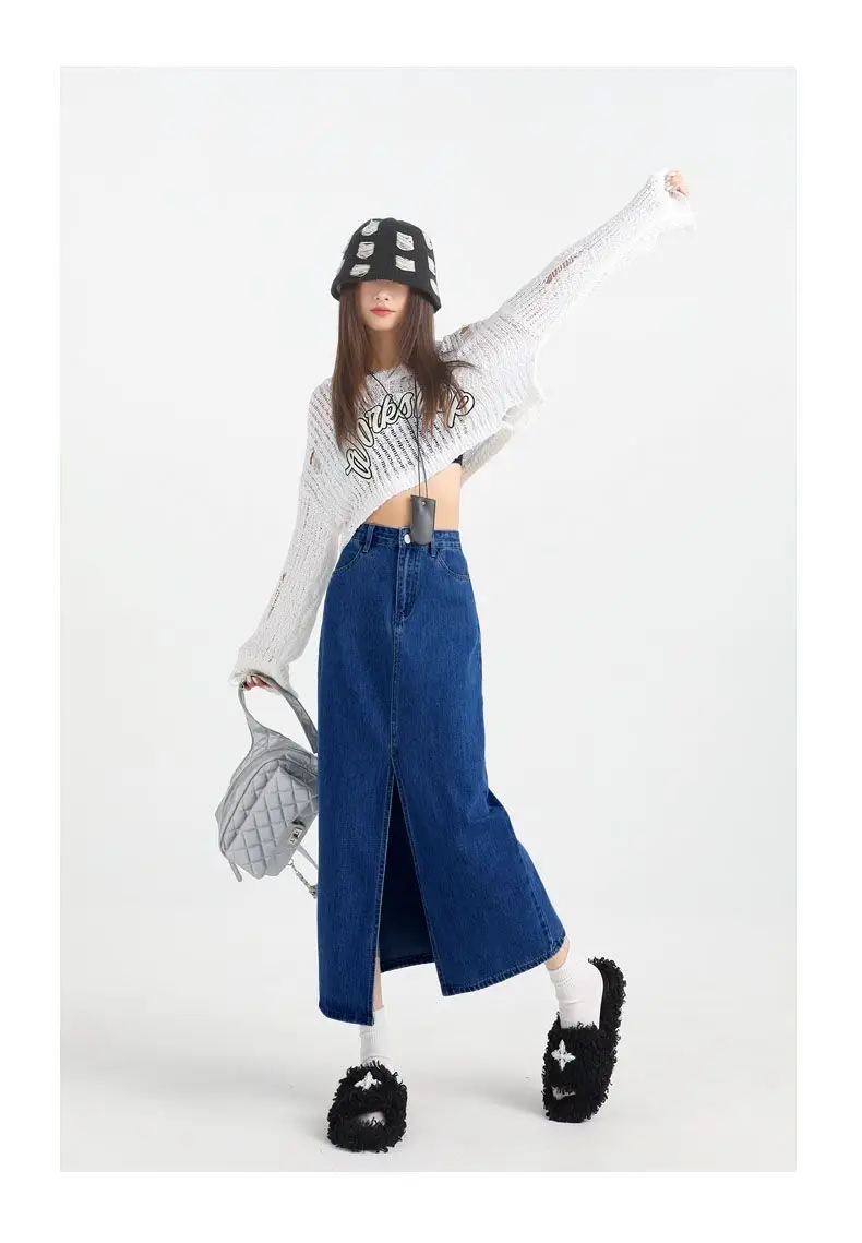 2025 Dark Blue Loose A-Line High Waist Denim Skirt — feature 6
