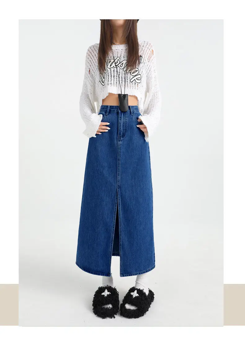 2025 Dark Blue Loose A-Line High Waist Denim Skirt — feature 7