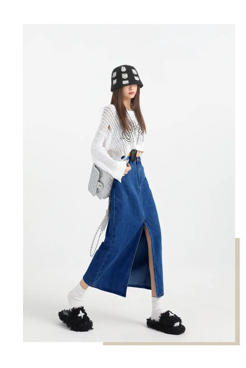 2025 Dark Blue Loose A-Line High Waist Denim Skirt — feature 8