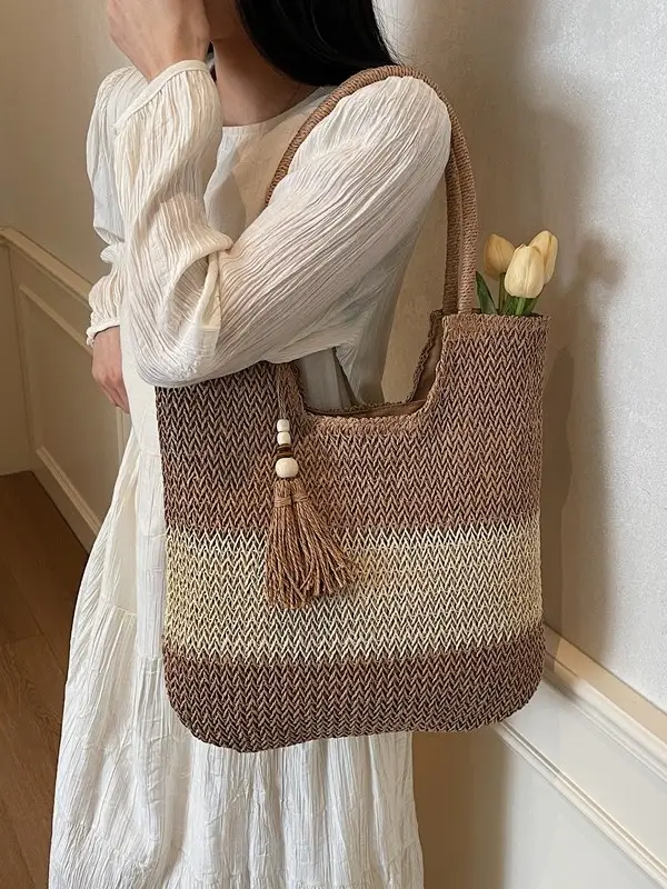 Women Woven Straw Shoulder Bag Large Capacity Summer Beach Tote - Image 5
