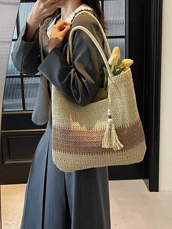 Women Woven Straw Shoulder Bag Large Capacity Summer Beach Tote - Image 6