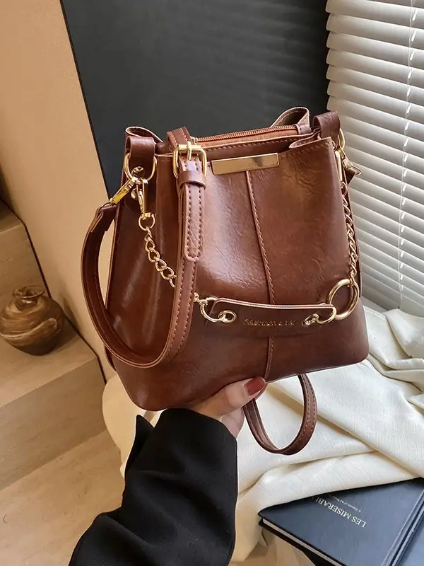 Women's Brown Leather Bucket Bag with Chain Strap