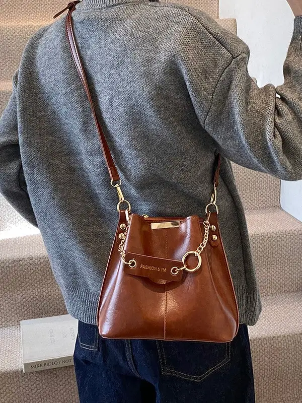 Women's Brown Leather Bucket Bag with Chain Strap