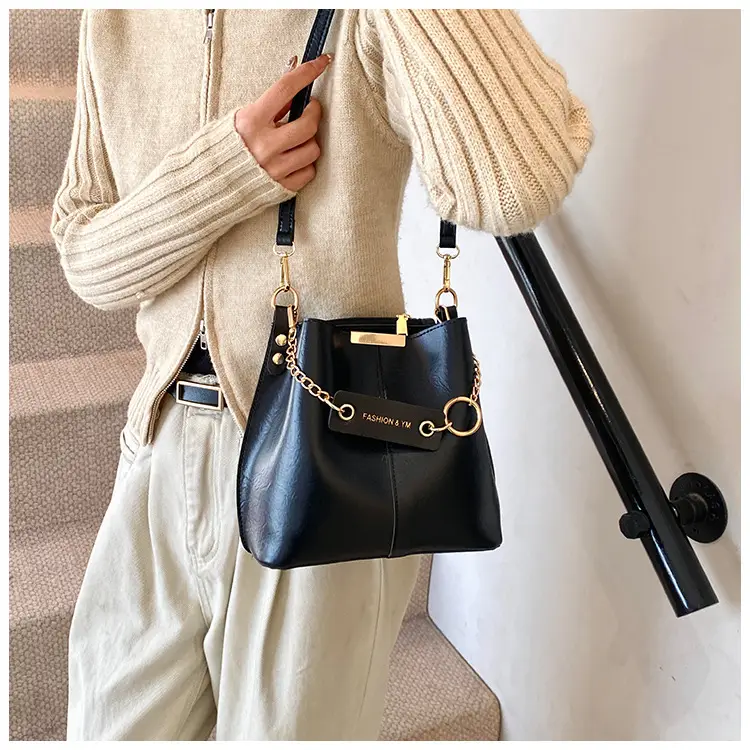 Women's Brown Leather Bucket Bag with Chain Strap — feature 10