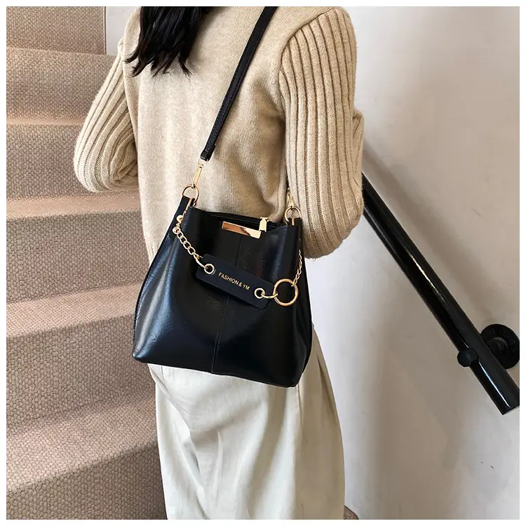 Women's Brown Leather Bucket Bag with Chain Strap — feature 11