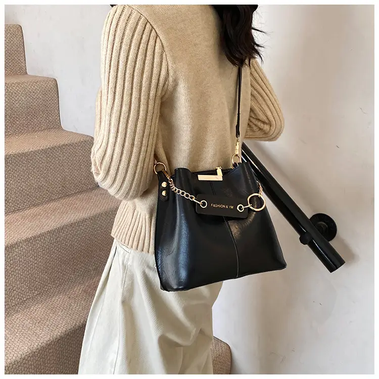 Women's Brown Leather Bucket Bag with Chain Strap — feature 12