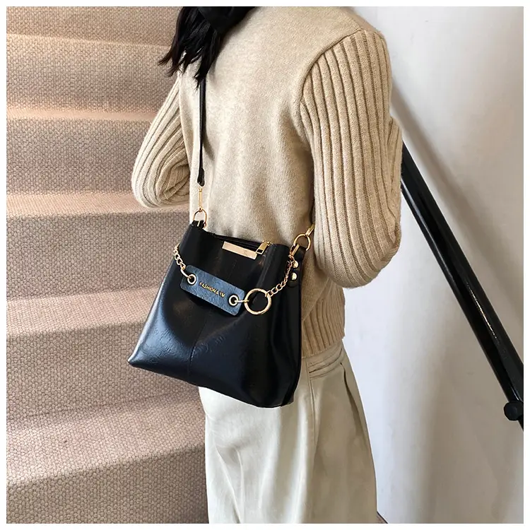 Women's Brown Leather Bucket Bag with Chain Strap — feature 13