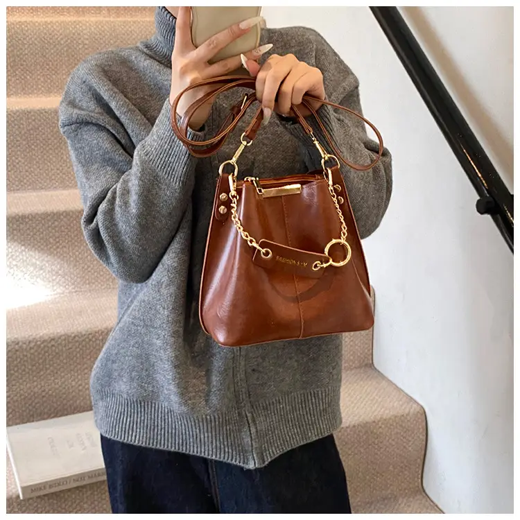 Women's Brown Leather Bucket Bag with Chain Strap — feature 14