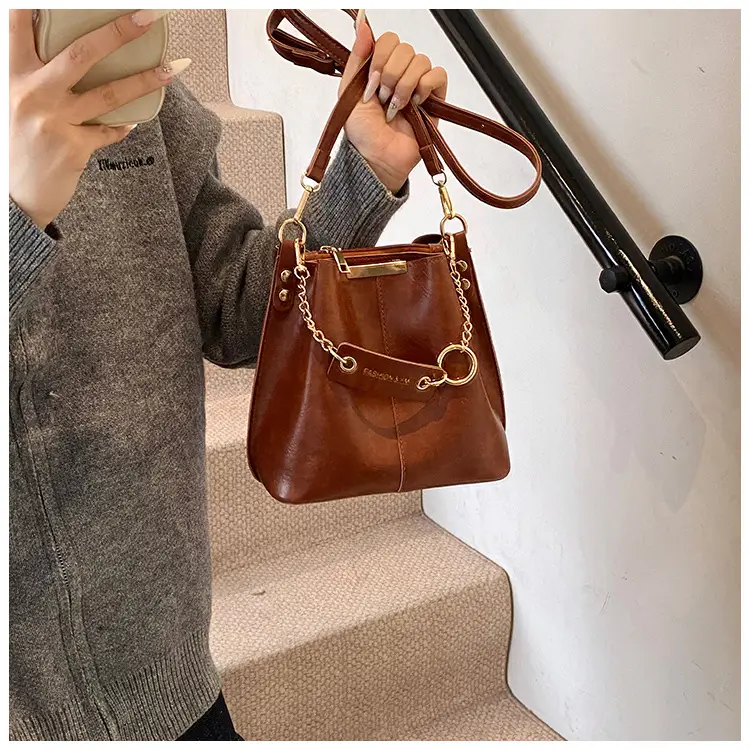 Women's Brown Leather Bucket Bag with Chain Strap — feature 16
