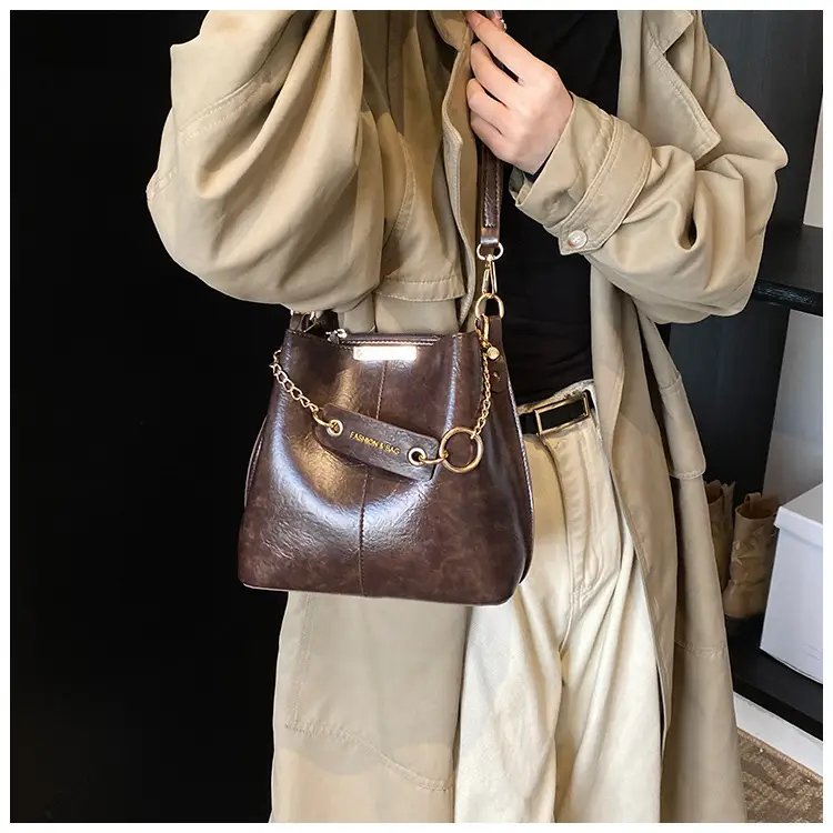 Women's Brown Leather Bucket Bag with Chain Strap — feature 22