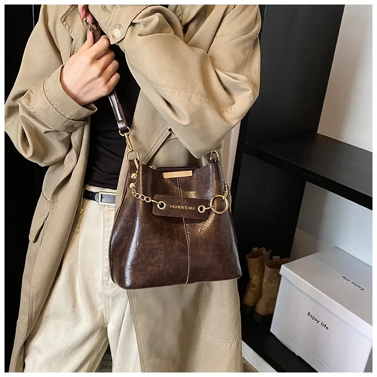 Women's Brown Leather Bucket Bag with Chain Strap — feature 25