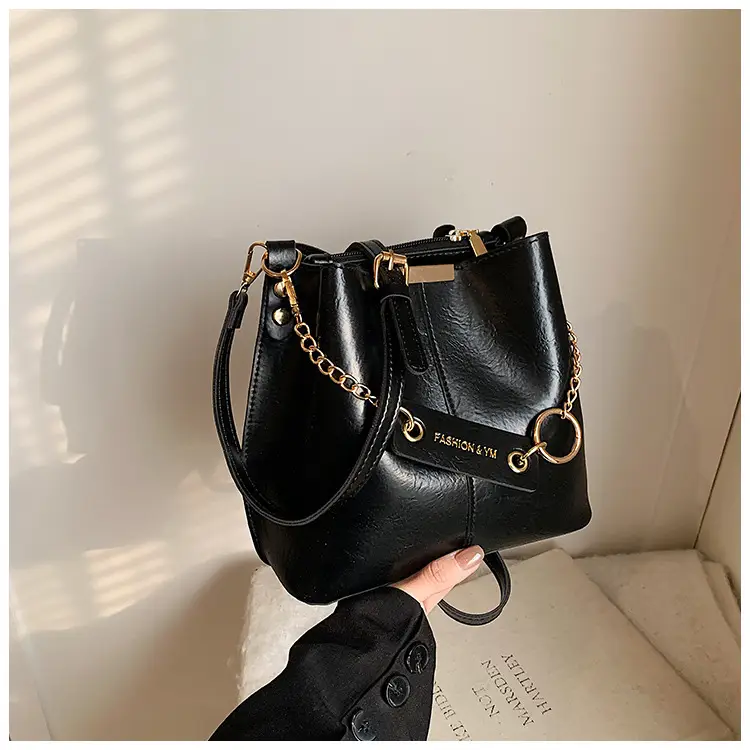 Women's Brown Leather Bucket Bag with Chain Strap — feature 26