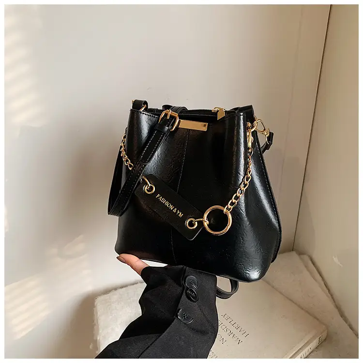 Women's Brown Leather Bucket Bag with Chain Strap — feature 27