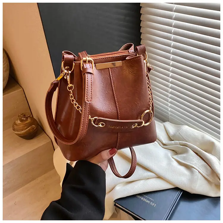 Women's Brown Leather Bucket Bag with Chain Strap — feature 28