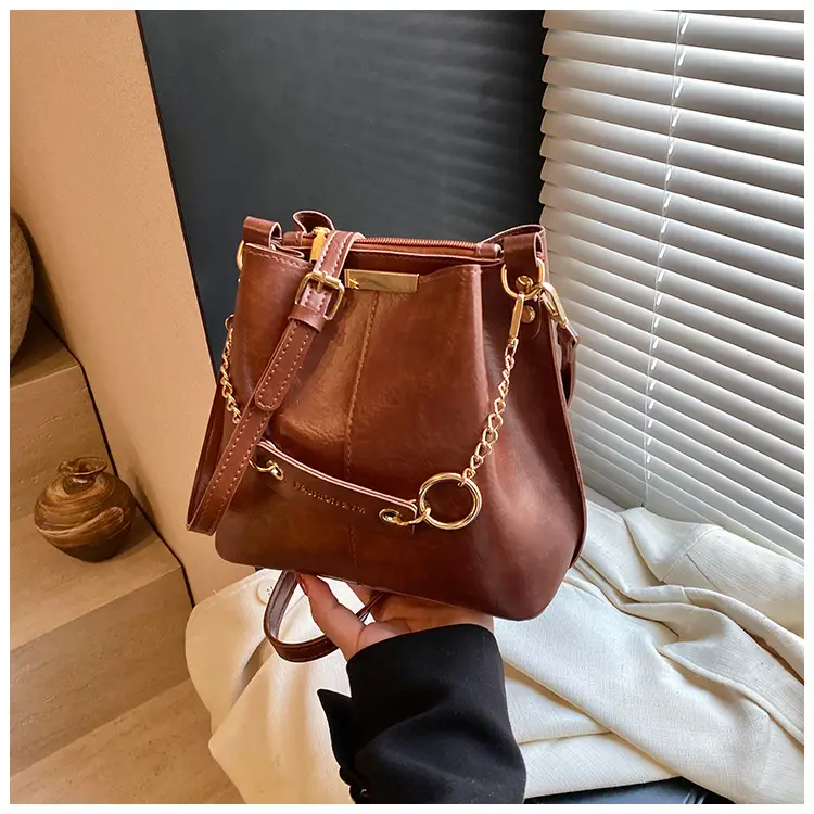 Women's Brown Leather Bucket Bag with Chain Strap — feature 29