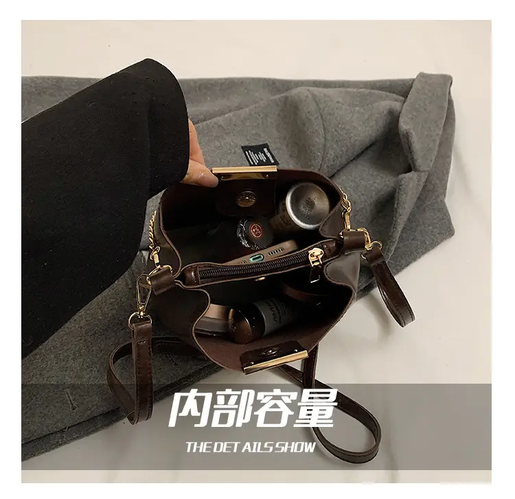 Women's Brown Leather Bucket Bag with Chain Strap — feature 3