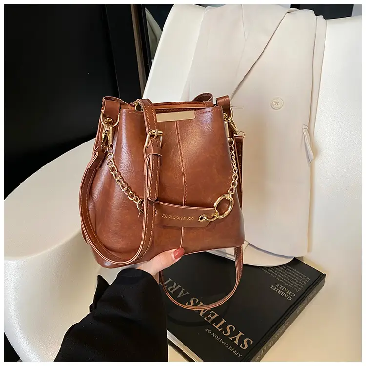 Women's Brown Leather Bucket Bag with Chain Strap — feature 30