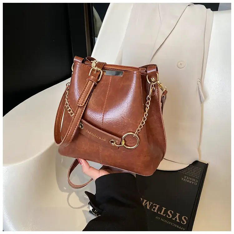 Women's Brown Leather Bucket Bag with Chain Strap — feature 31