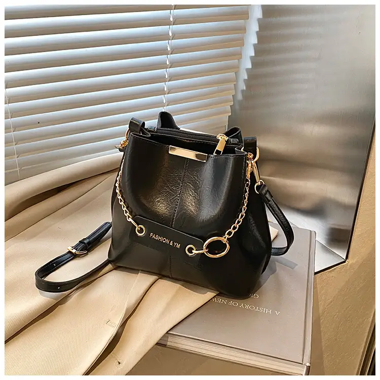 Women's Brown Leather Bucket Bag with Chain Strap — feature 32