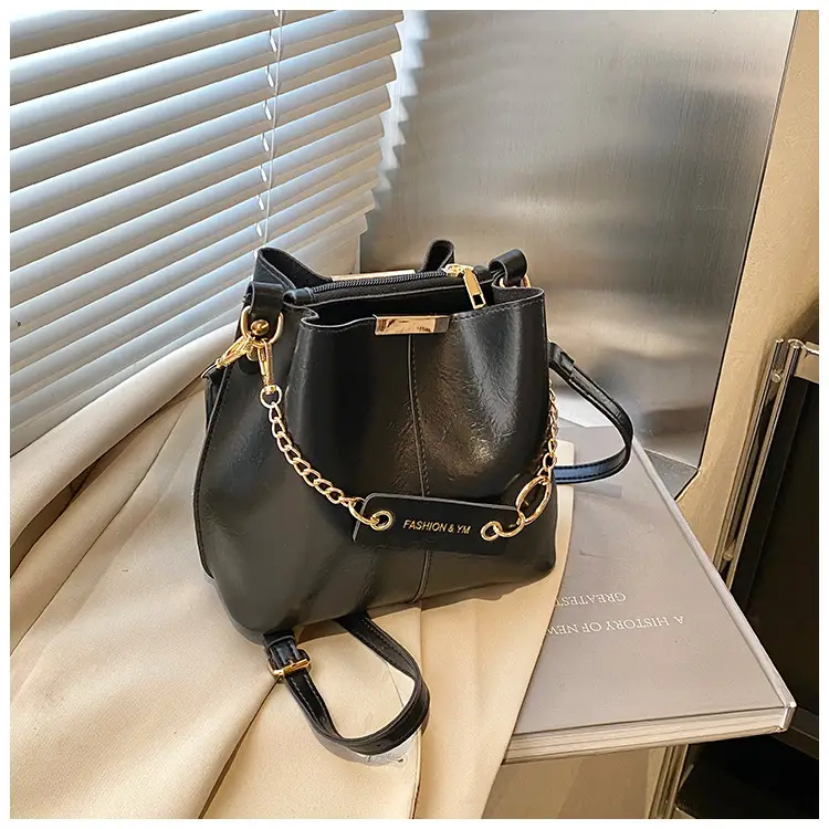 Women's Brown Leather Bucket Bag with Chain Strap — feature 33