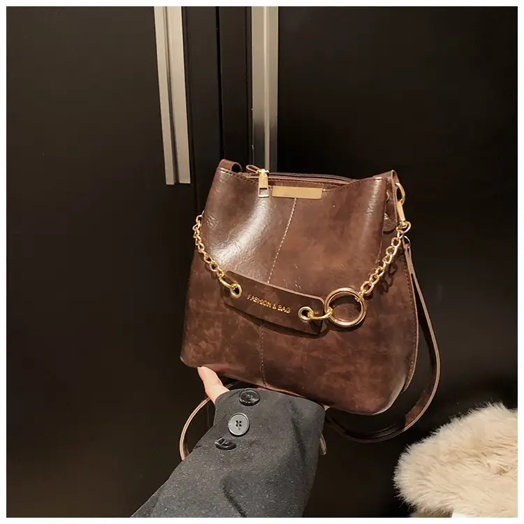 Women's Brown Leather Bucket Bag with Chain Strap — feature 34