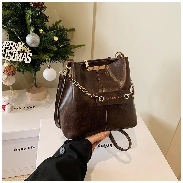 Women's Brown Leather Bucket Bag with Chain Strap — feature 36