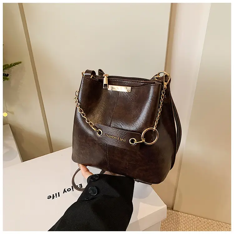 Women's Brown Leather Bucket Bag with Chain Strap — feature 37