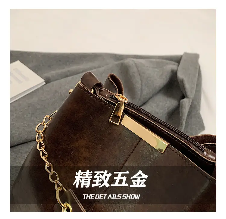 Women's Brown Leather Bucket Bag with Chain Strap — feature 4