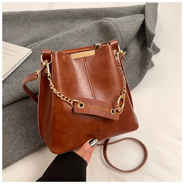 Women's Brown Leather Bucket Bag with Chain Strap — feature 40