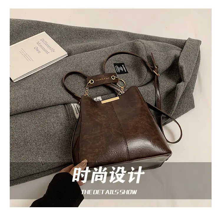Women's Brown Leather Bucket Bag with Chain Strap — feature 5