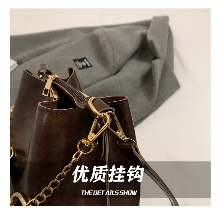 Women's Brown Leather Bucket Bag with Chain Strap — feature 7