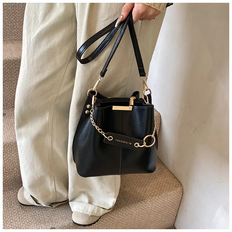 Women's Brown Leather Bucket Bag with Chain Strap — feature 8