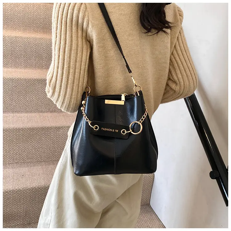 Women's Brown Leather Bucket Bag with Chain Strap — feature 9