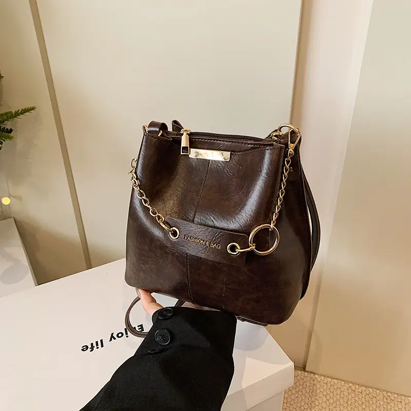 Women's Brown Leather Bucket Bag with Chain Strap