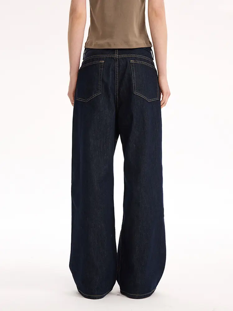 2021M Unf Cow Leather Jeans Dark Blue Loose Straight