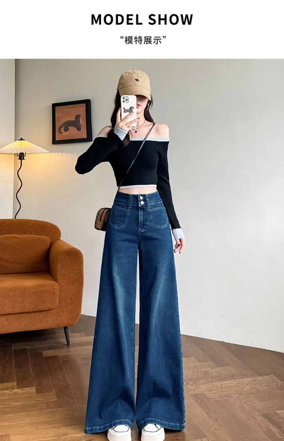 2025 Slim Elastic Wide Leg Jeans Dark Blue Women — feature 11