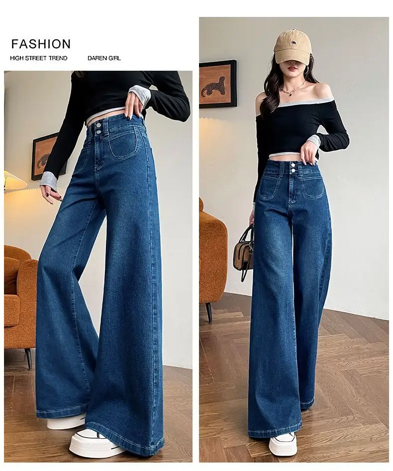 2025 Slim Elastic Wide Leg Jeans Dark Blue Women — feature 14
