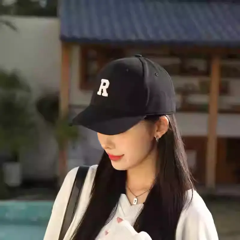 Women Men Embroidered Letter R Cap Sunshade Black Gold - Image 4