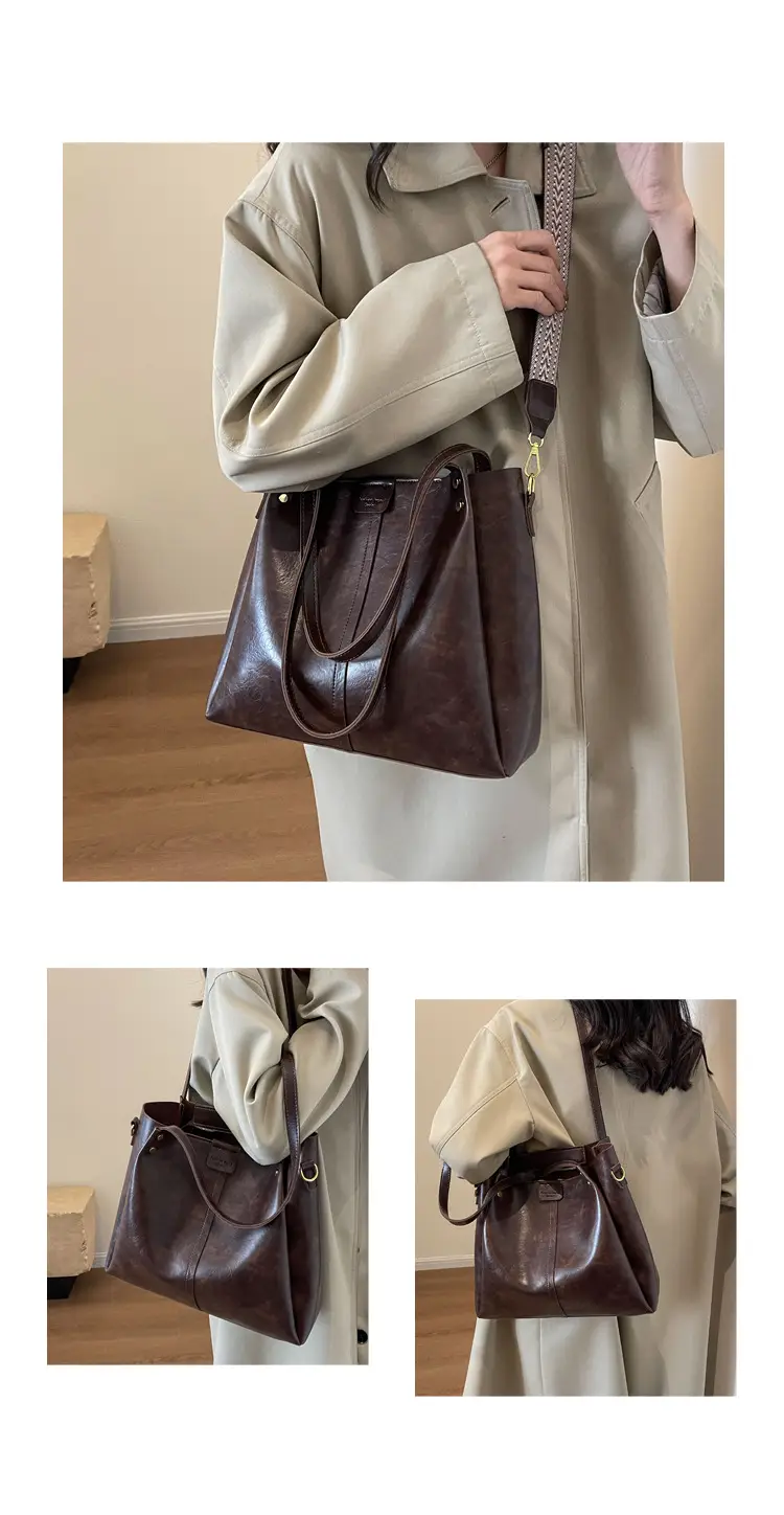 Retro Brown Leather Tote Bag Large Capacity Women — feature 13