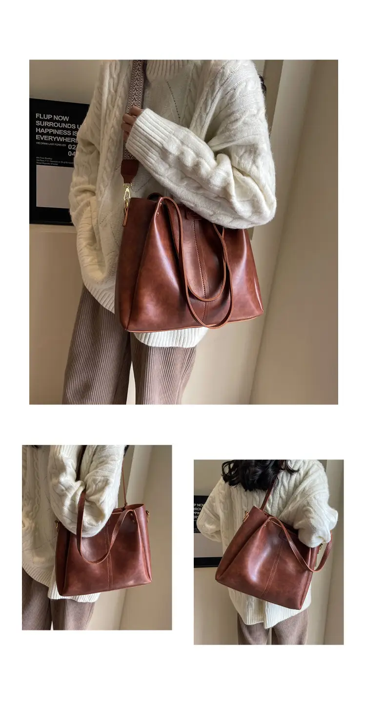 Retro Brown Leather Tote Bag Large Capacity Women — feature 14