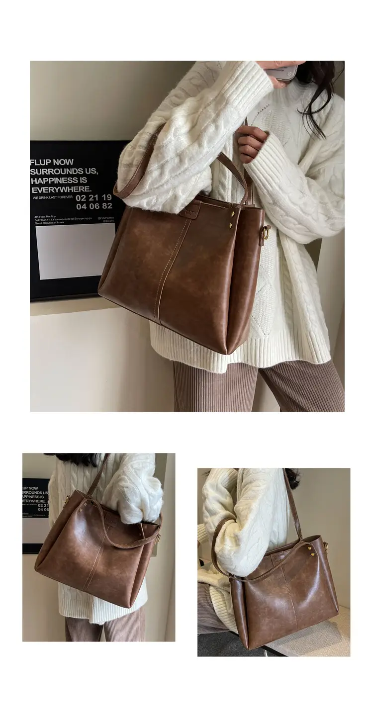 Retro Brown Leather Tote Bag Large Capacity Women — feature 15